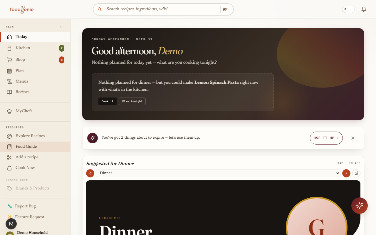 The FoodGenie dashboard — tonight's plan, use-it-up items, and this week at a glance