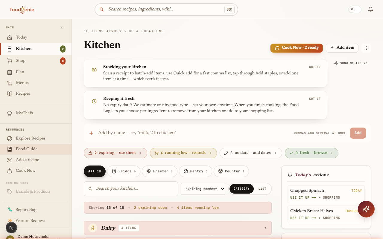 MyKitchen inventory grouped by category with expiry chips and quick filters