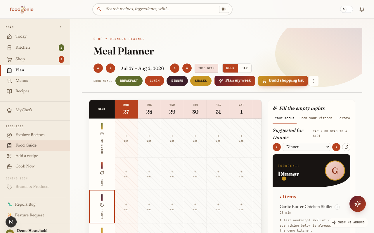 The FoodGenie meal planner — a week grid with recipe cards, meal filters, and the styled-menu rail