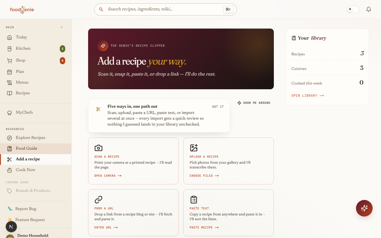 The Recipe Clipper import screen with URL, photo, and text options